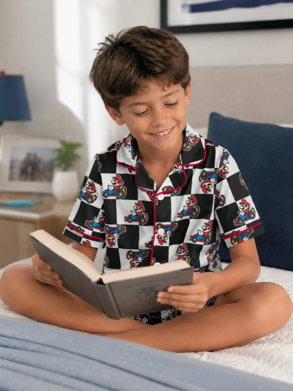 Mario Boys 2 Piece Pajama Set Racing Checkered Button Front Sleepwear Sz XS